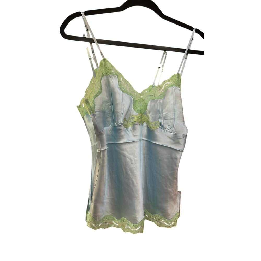 $180 Gold Hawk Blue 100% Silk Cami Green Lace Tank M